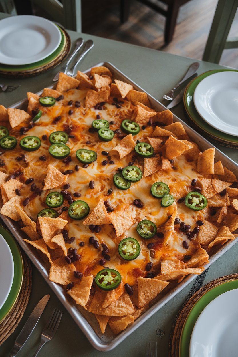 An indoor dining table featuring a large sheet pan piled high with tortilla chips, melted cheese, jalapeño slices, and scattered black beans, photographed overhead—no text or logos. Photo, not illustration.