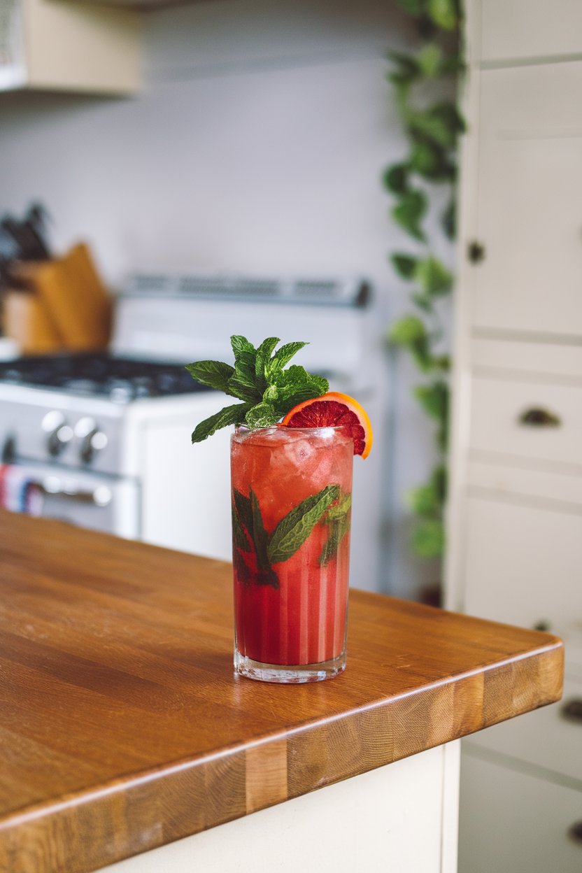Indoor kitchen island shot of a tall Collins glass with ruby red mojito, mint bouquet garnish, and a blood-orange wheel. Photo, no logos.
