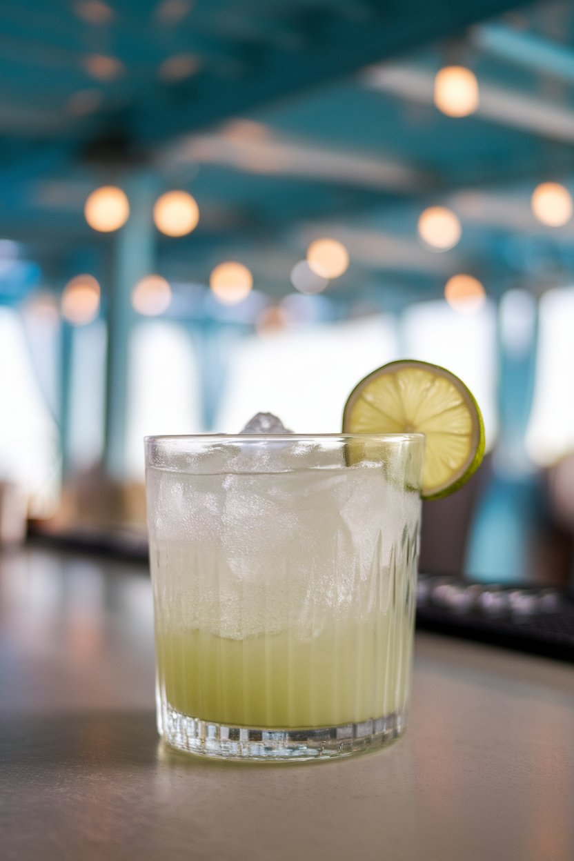 Photo of a rocks glass indoors packed with crushed ice and pale green cocktail, mini key-lime wheel garnish, breezy beach-bar lighting, no text or logos