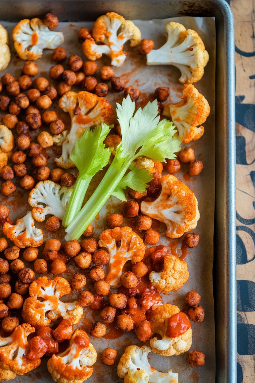 Indoor photo of roasted cauliflower florets coated in buffalo sauce, crunchy chickpeas, and celery leaf garnish on a sheet pan; no logos