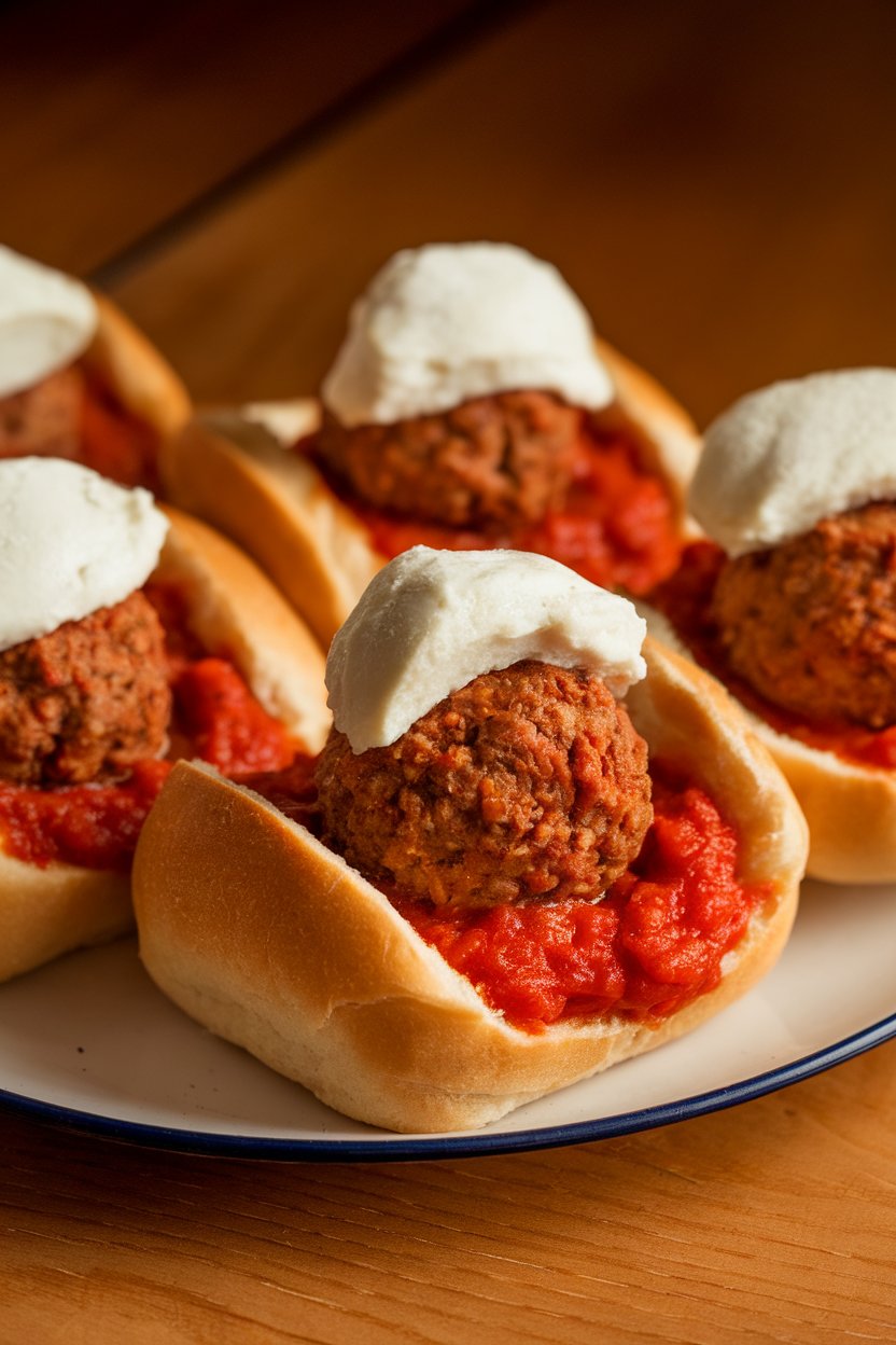 Indoor photo of tomato-sauced meatballs tucked into small rolls, mozzarella melting over top, no text or logos.