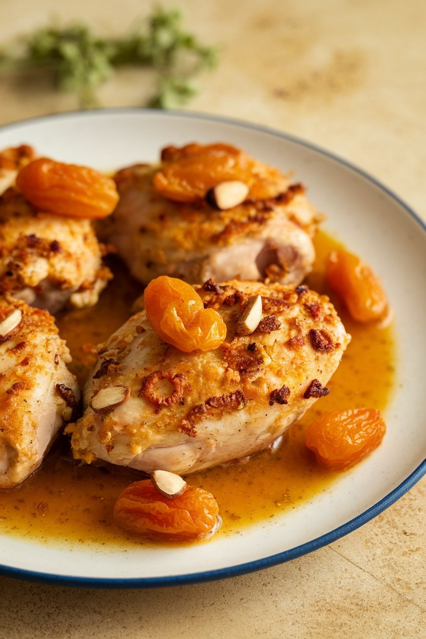Indoor plate featuring chicken pieces coated in golden sauce dotted with dried apricots and almonds. Photo; no text or brands.