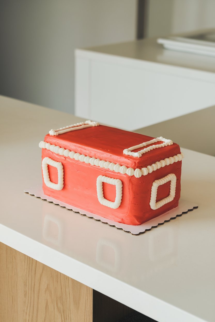 An indoor countertop showing a rectangular strawberry cake iced bright red, white buttercream handles and lid lines resembling a cooler—no text or logos.