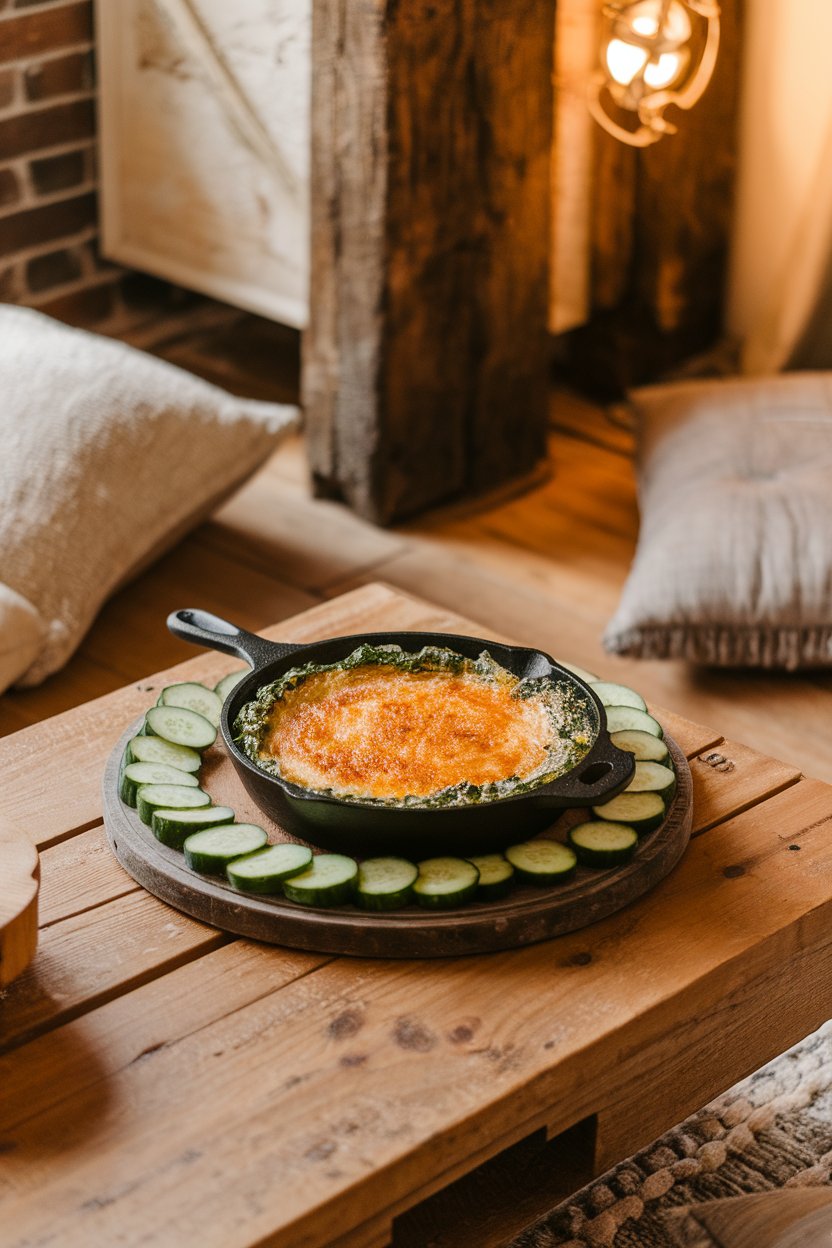 A warmly lit indoor coffee table with a small cast-iron skillet of bubbling spinach dip, cheese browned on top, surrounded by sliced cucumbers; no logos present.