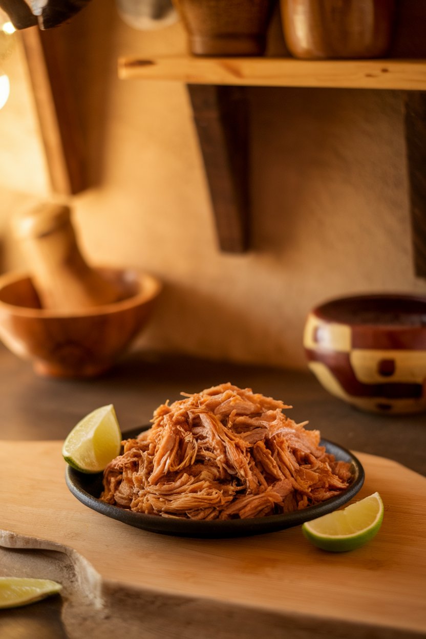 A warmly lit indoor scene featuring a small platter of browned shredded pork carnitas with lime wedges; no text or logos; photo.