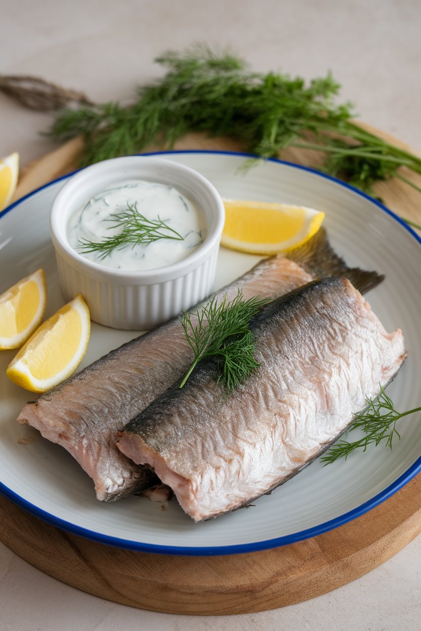 Indoor photo of cooked steelhead trout fillets served with a small ramekin of dill yogurt sauce and lemon wedges. No text or logos.