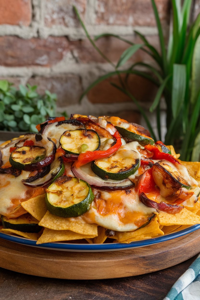 Indoor scene of nachos topped with fire-roasted zucchini, peppers, onions, and melted cheese; no text or logos, photo not illustration.