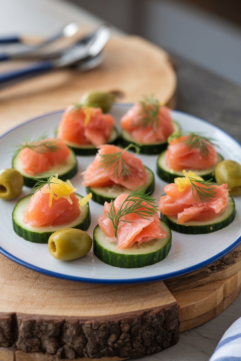 An indoor appetizer plate with cucumber discs topped with flaked cooked salmon, dill, and lemon zest; no text or logos.