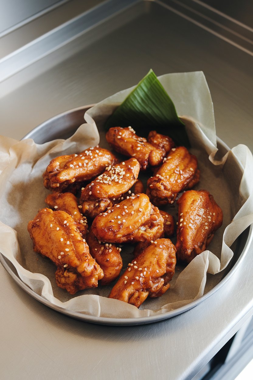 Photo of golden honey garlic chicken wings arranged on parchment inside a metal tray on an indoor countertop, garnished with sesame seeds, no text or logos