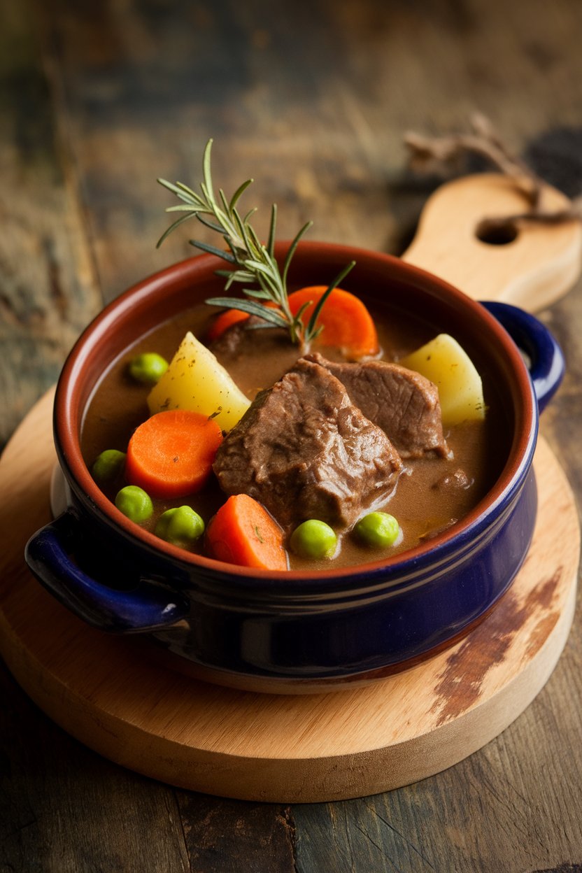 Indoor kitchen table scene featuring a ceramic bowl of traditional beef stew with carrots, potatoes, and peas swimming in a rich brown gravy, steam gently rising. Warm evening lighting, no text or logos visible. Photo, not an illustration.