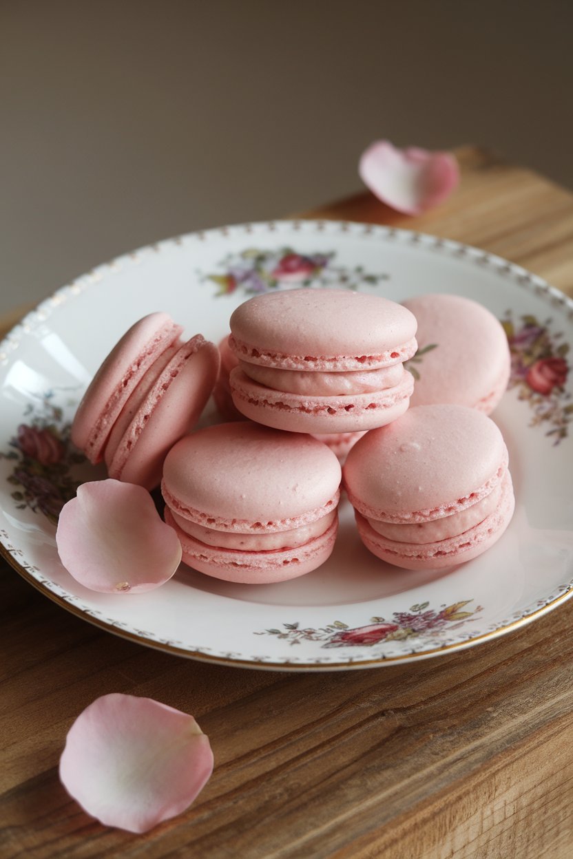 Photo of pale pink French macarons filled with rose buttercream on an indoor china plate, a few edible rose petals scattered nearby. No text or logos in sight.
