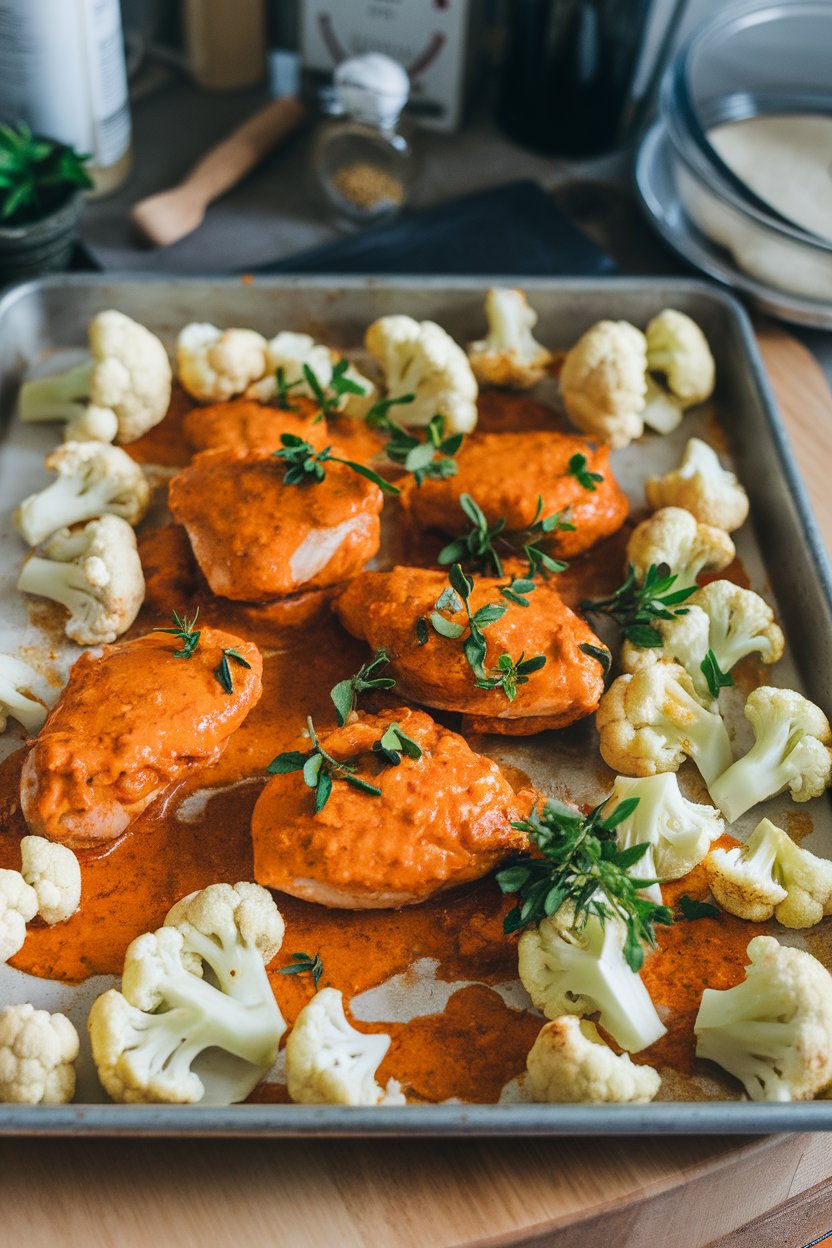 Indoor kitchen scene showing orange butter-chicken sauce coating chicken pieces and cauliflower florets on a sheet pan. No text or logos.