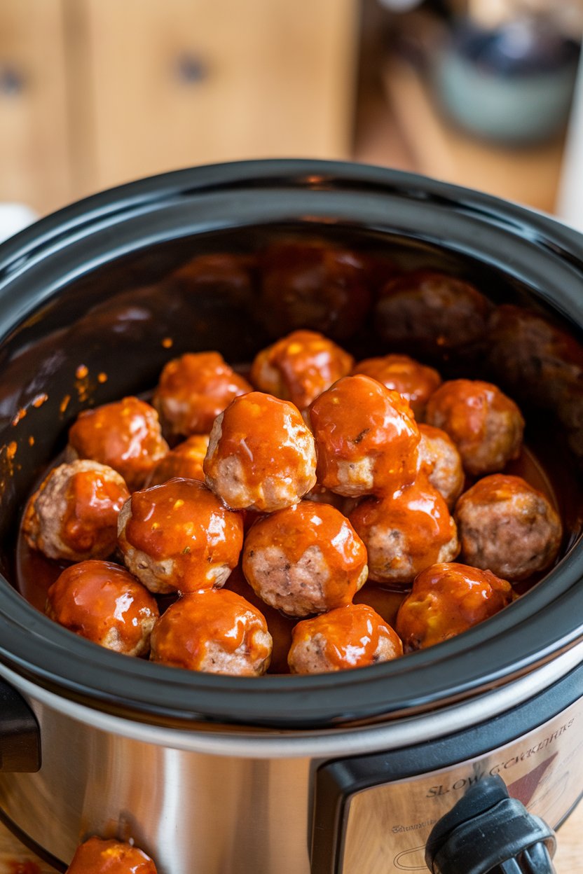 Indoor slow cooker filled with turkey meatballs glazed in sweet chili sauce, no text or logos. Photo only.
