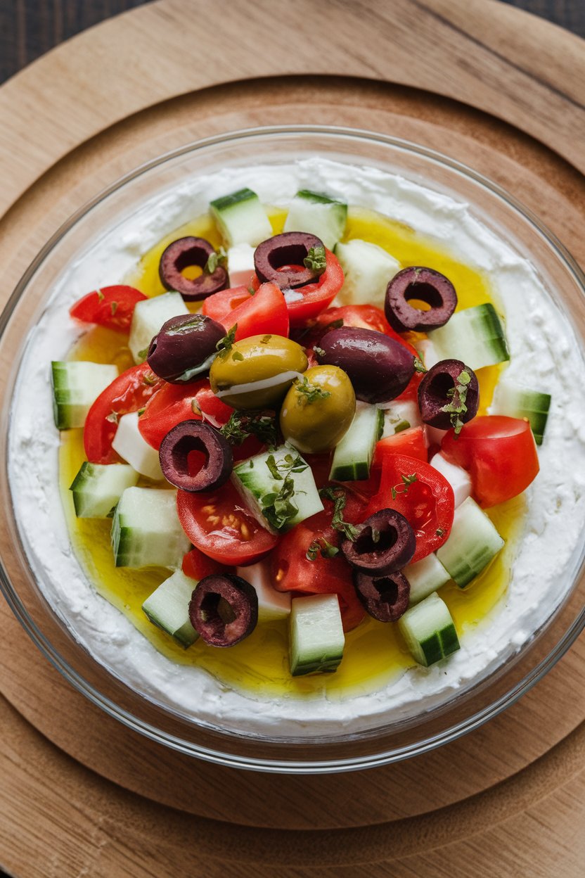 A shallow indoor serving dish of whipped feta topped with diced cucumbers, tomatoes, olives, and a drizzle of olive oil, no logos or text.
