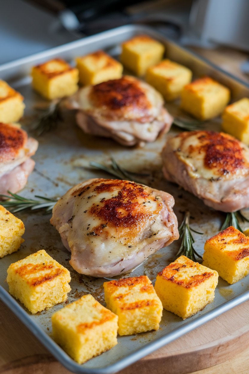 Indoor photo of garlic-butter basted chicken thighs, golden roasted polenta cubes scattered on a sheet pan. No text or logos.