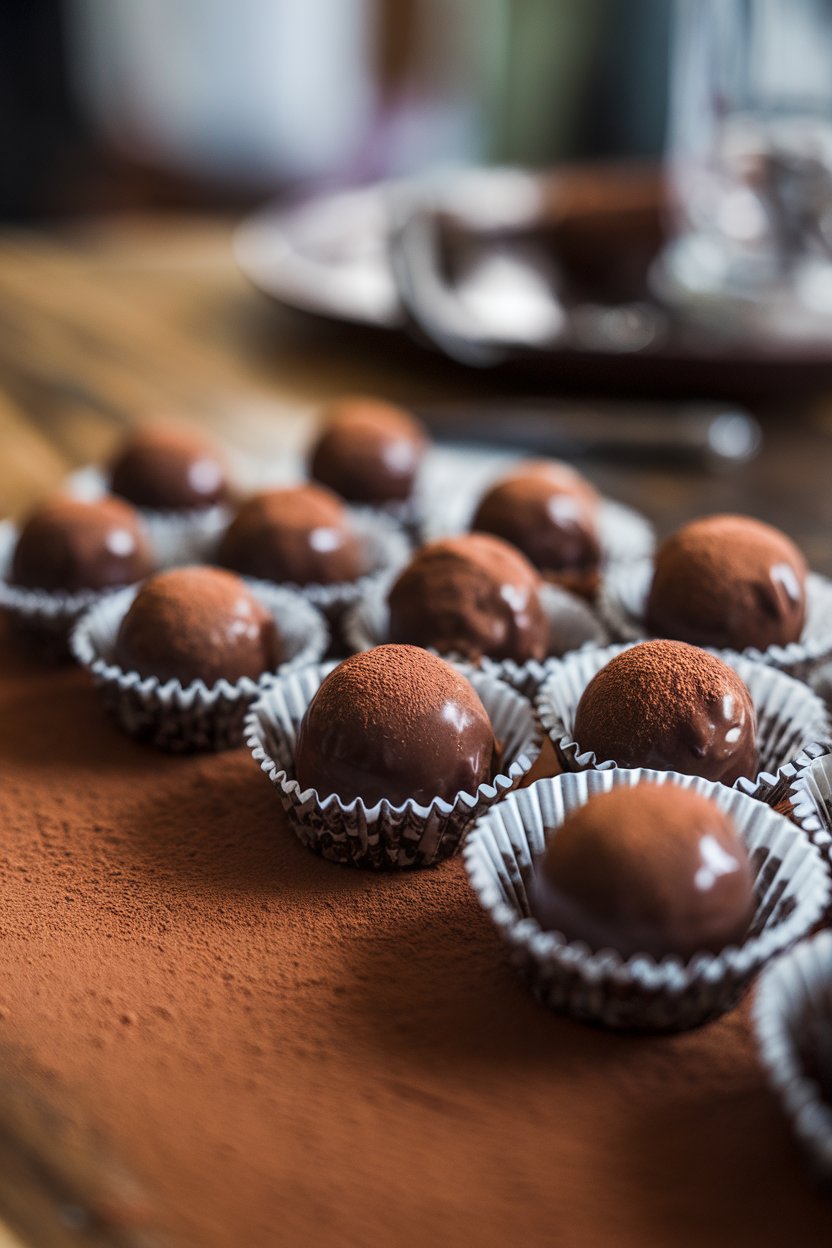 Indoor close-up photo of chocolate-coated bourbon balls arranged in mini paper cups, a dusting of cocoa powder on the table. No logos or text.