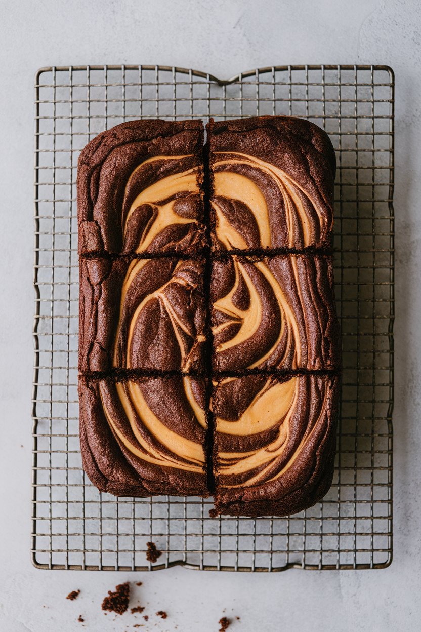 Indoor photo of fudgy brownies swirled with peanut butter on a cooling rack, a few crumbs scattered. No text or logos.