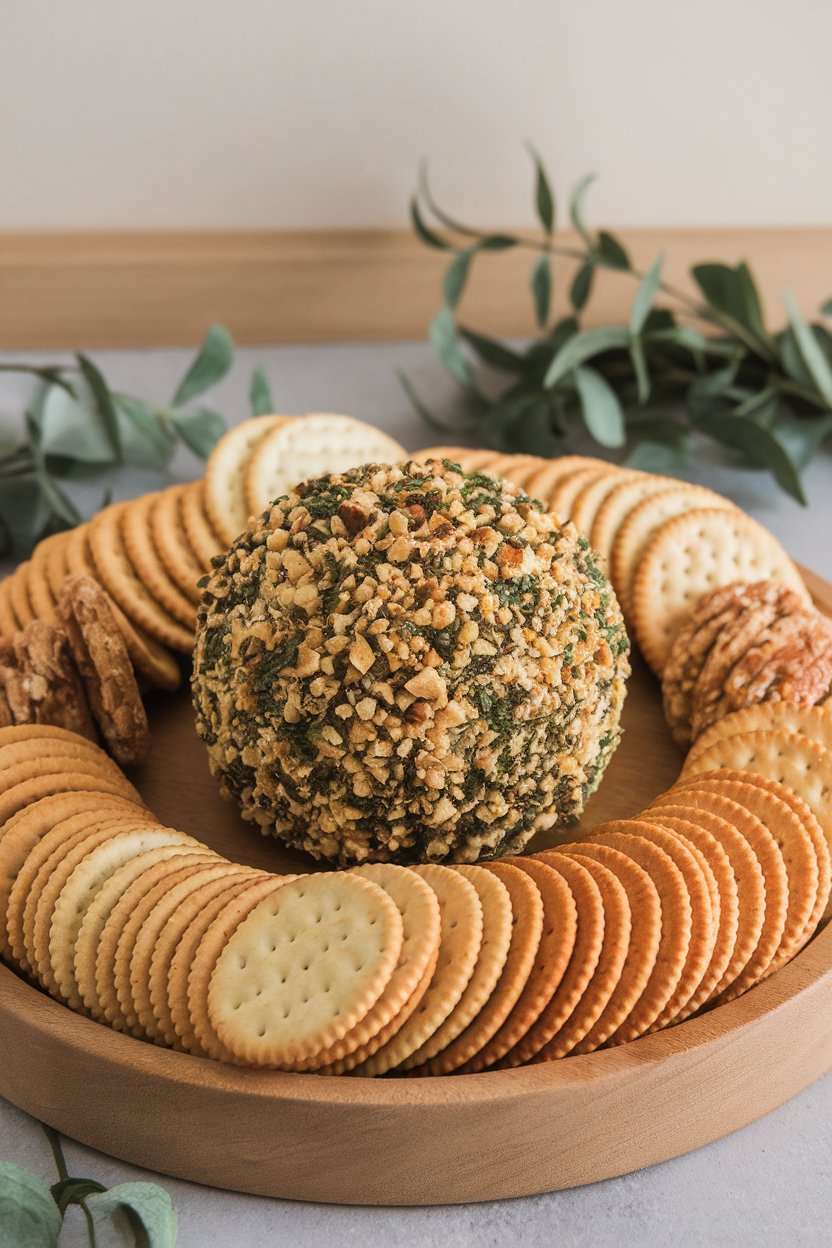 An indoor cheese board with a round cheese ball coated in chopped herbs and crushed nuts, surrounded by crackers—no text or logos. Photo, not illustration.