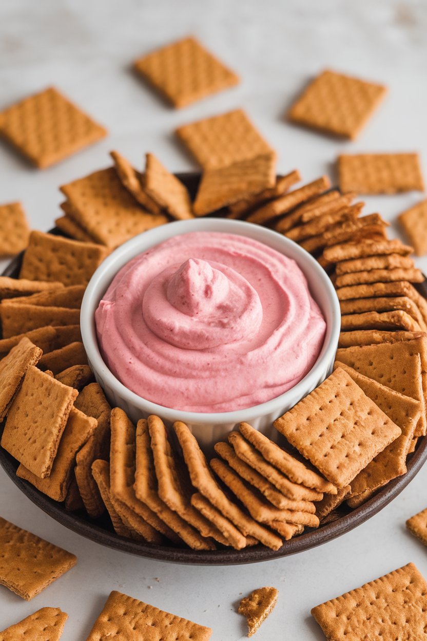Photo of a shallow indoor bowl filled with pink strawberry cheesecake dip, surrounded by graham crackers for dipping. No text or logos.