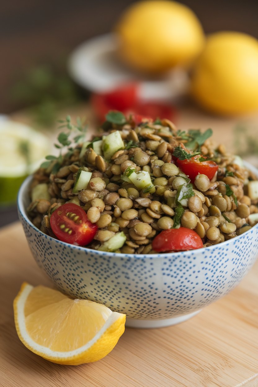 Indoor bowl of cooked green lentils mixed with cherry tomatoes, cucumber, and herbs, lemon wedge nearby. No text or logos present.