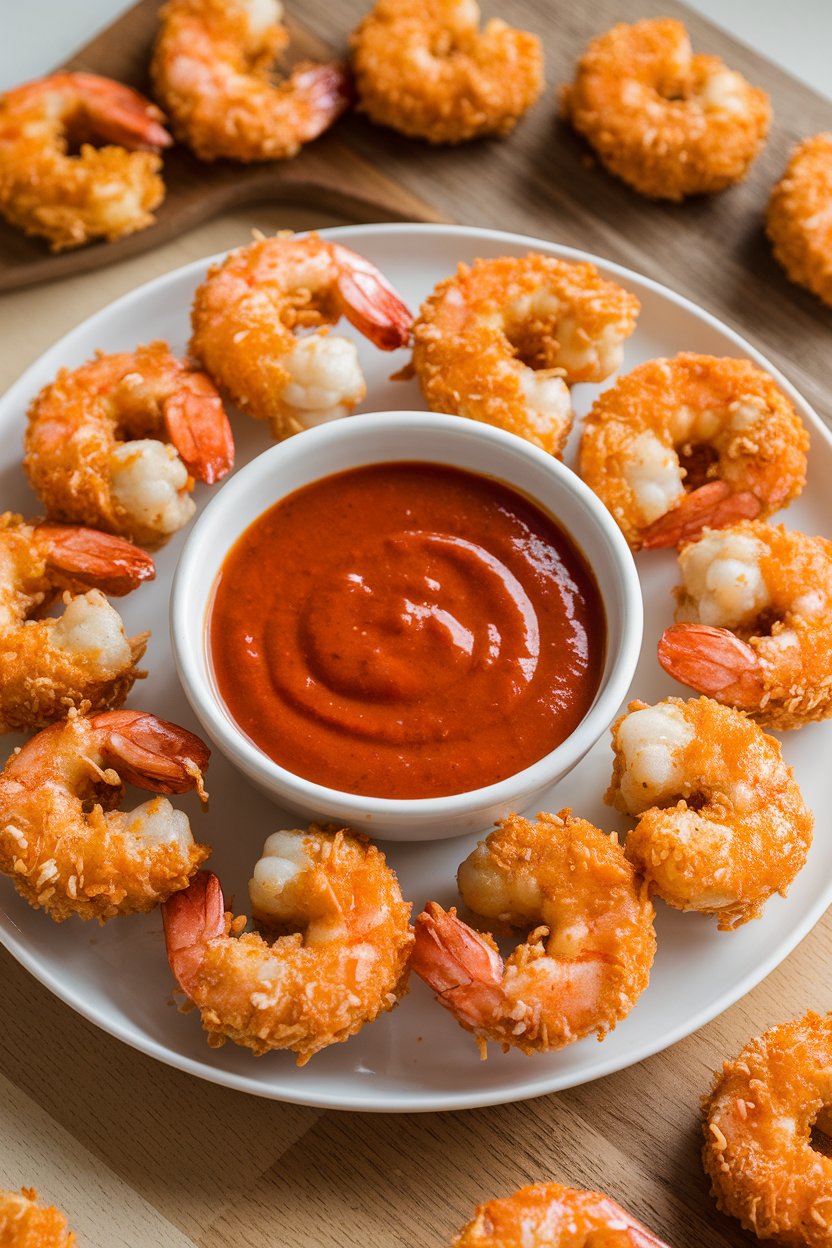 Indoor photo of crunchy coconut-crusted shrimp arranged around a bowl of sweet chili sauce. No text or logos.