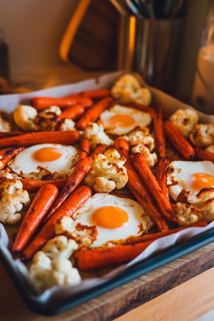 Indoor photo of a sheet pan loaded with harissa-coated roasted carrots and cauliflower surrounding baked eggs. No text or logos.