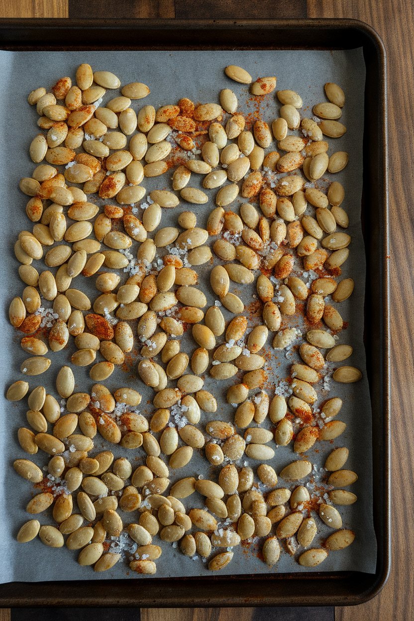 An indoor baking sheet with golden pumpkin seeds seasoned with sea salt and smoked paprika; no logos.