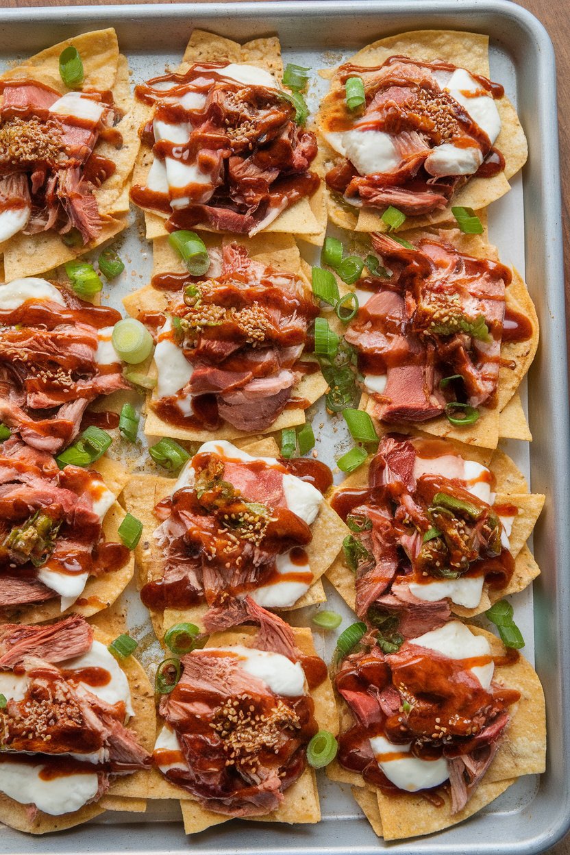 Sheet pan showing nachos with shredded roast duck, melted mozzarella, and hoisin drizzle indoors; no text or logos, photo not illustration.