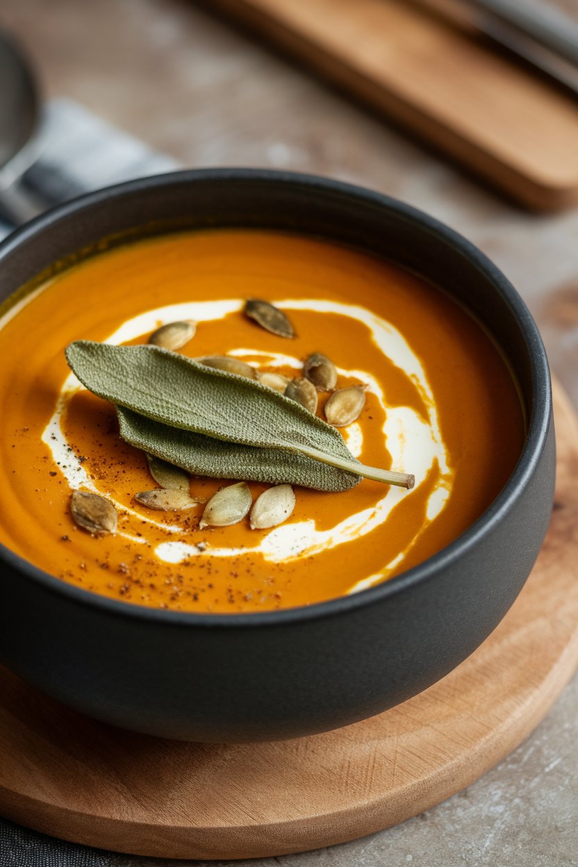 Indoor photo of a rich pumpkin soup topped with fried sage leaves and a swirl of cream in a matte black bowl; no logos or text.