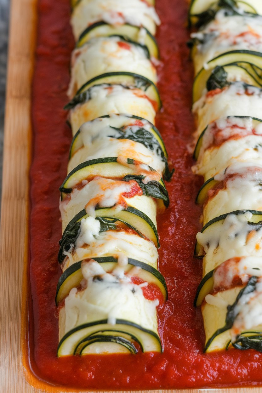 Indoor photo of thin zucchini slices rolled around ricotta and spinach, arranged upright in marinara, cheese melted on top. No logos present.