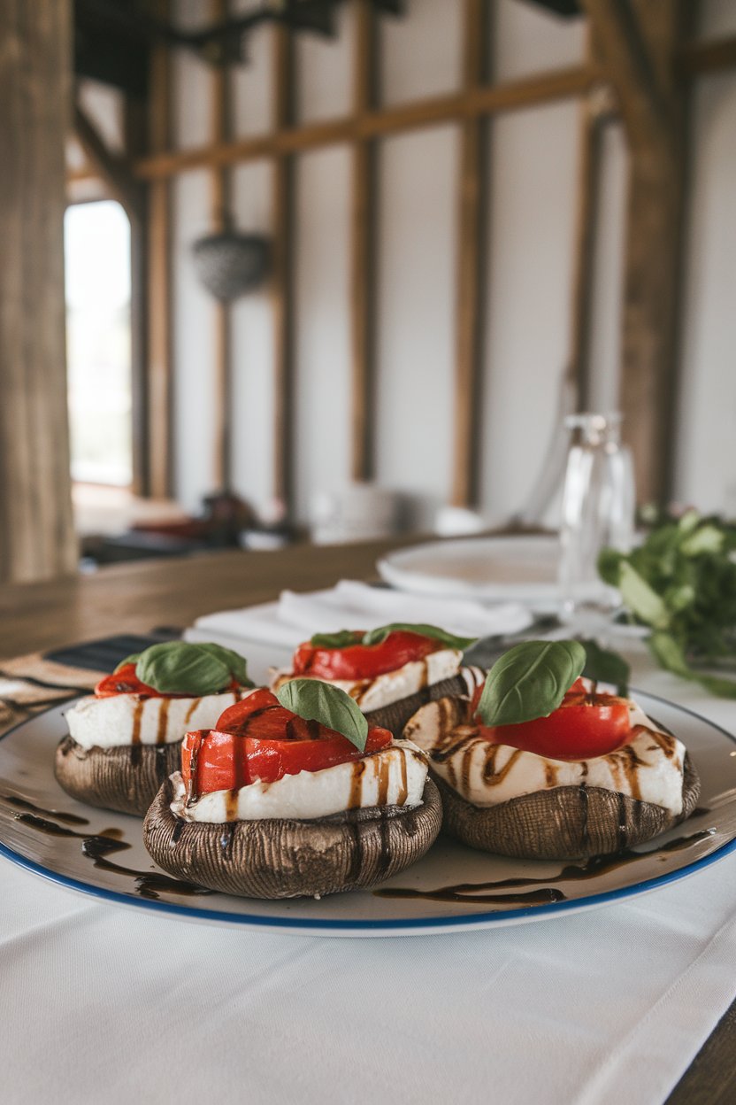 Indoor dinner table featuring large portobello caps filled with melted mozzarella, tomatoes, and basil, balsamic drizzle gleaming. No text or logos. Photo, not illustration.