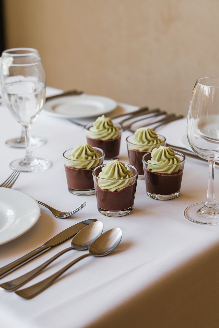 An indoor dining table set with small glass cups filled with dark chocolate mousse topped with a swirl of pale green avocado cream, photographed at a 45-degree angle. No text or logos.