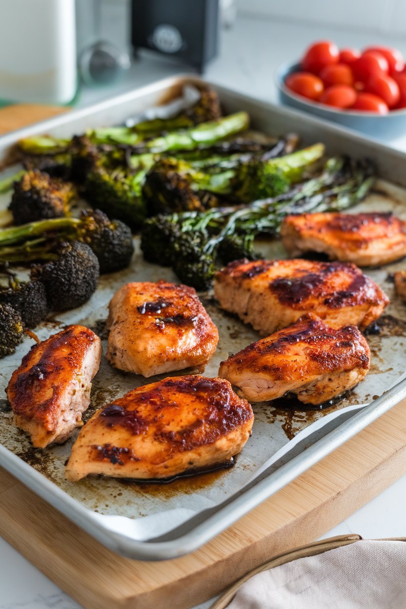 Indoor photo of balsamic-glazed chicken strips and roasted broccolini on a sheet pan, edges caramelized. No text or logos.