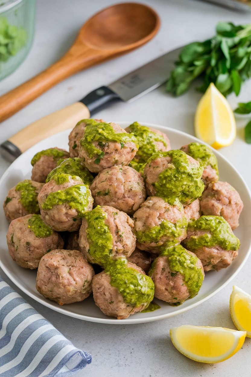 Indoor kitchen counter with a platter of turkey meatballs glazed in green pesto sauce beside lemon wedges. No text or logos present.