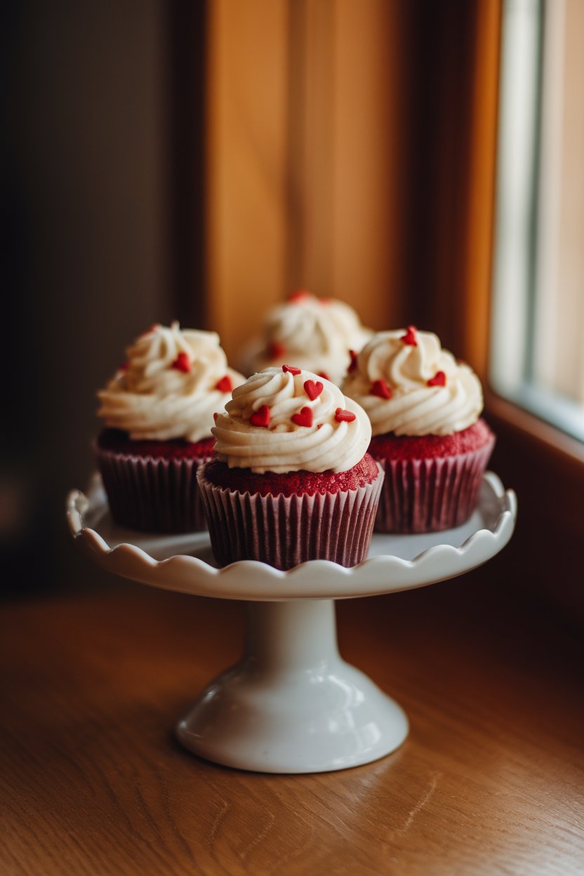 Photo of three red velvet cupcakes on a small indoor cake stand, topped with swirls of cream cheese frosting and tiny red heart sprinkles, warm natural window light. No text or logos visible.