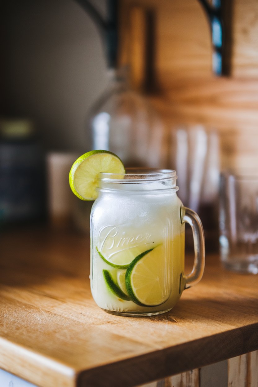 An indoor rustic countertop with a mason jar of frothy ginger beer limeade, lime wedge clipped to rim. No logos or text. Photo.