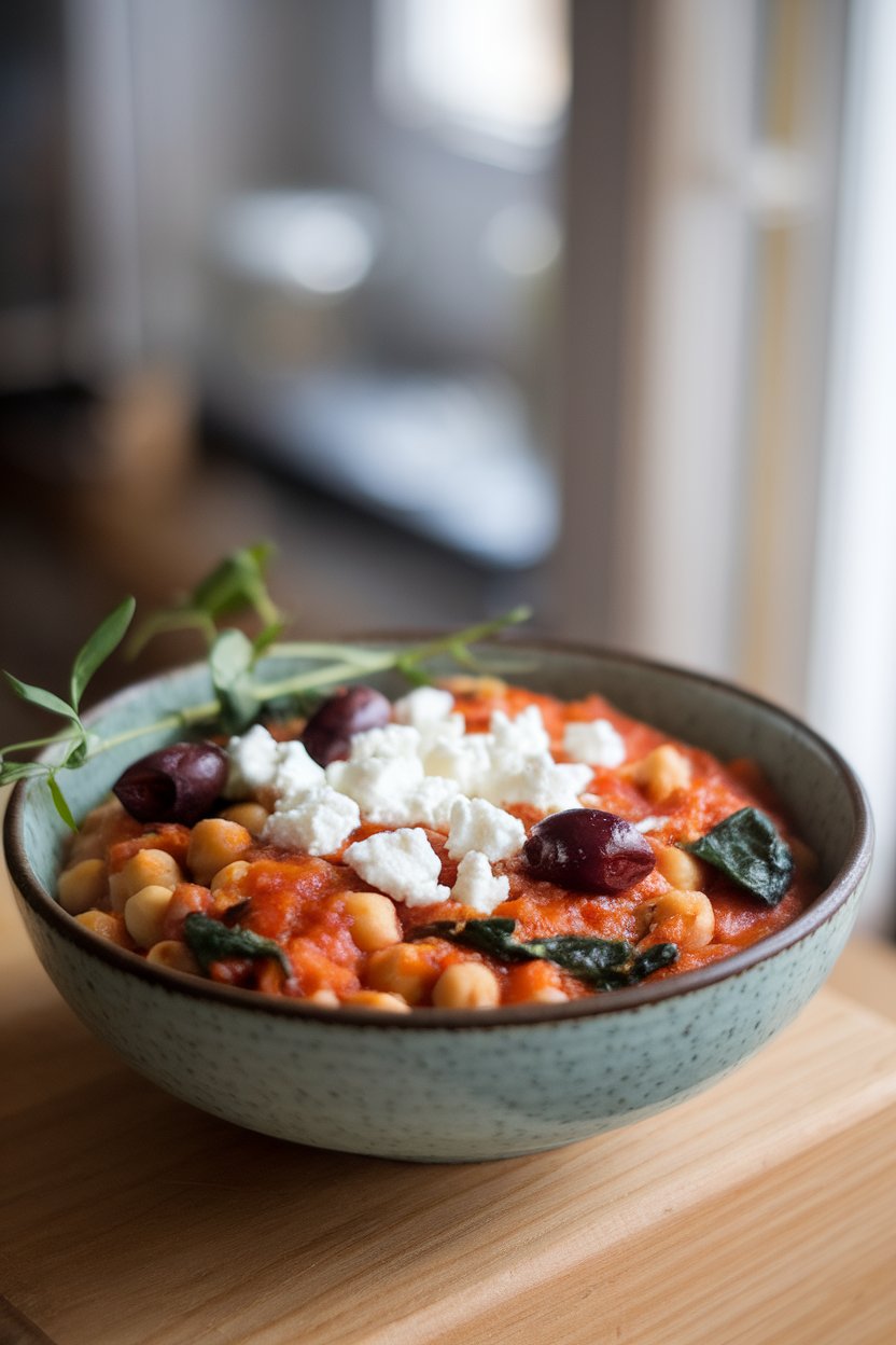 An indoor bowl of tomato-based chickpea stew with olives and spinach, feta crumbles on top; photo only, no text or logos.