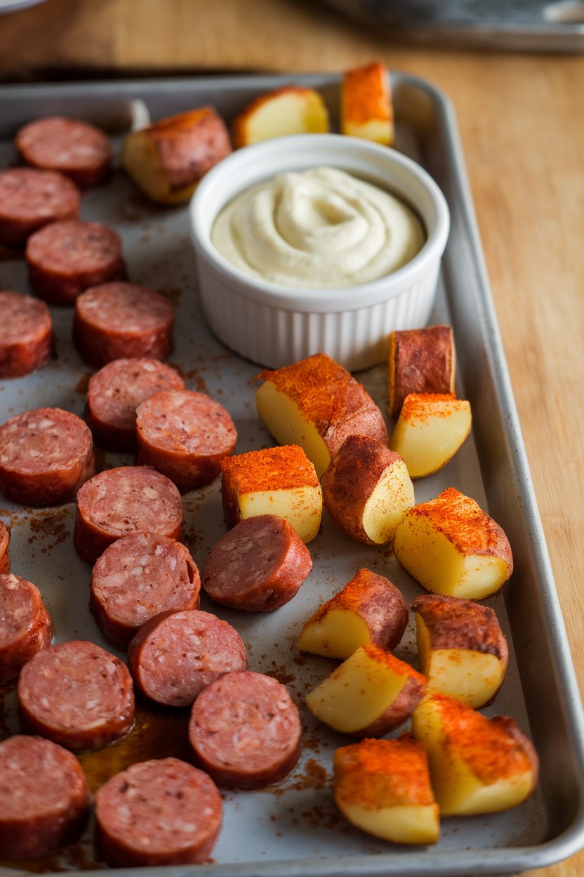 Indoor photo of sliced Spanish chorizo sausages and crispy paprika-dusted potato cubes on a sheet pan, aioli ramekin nearby. No text or logos.