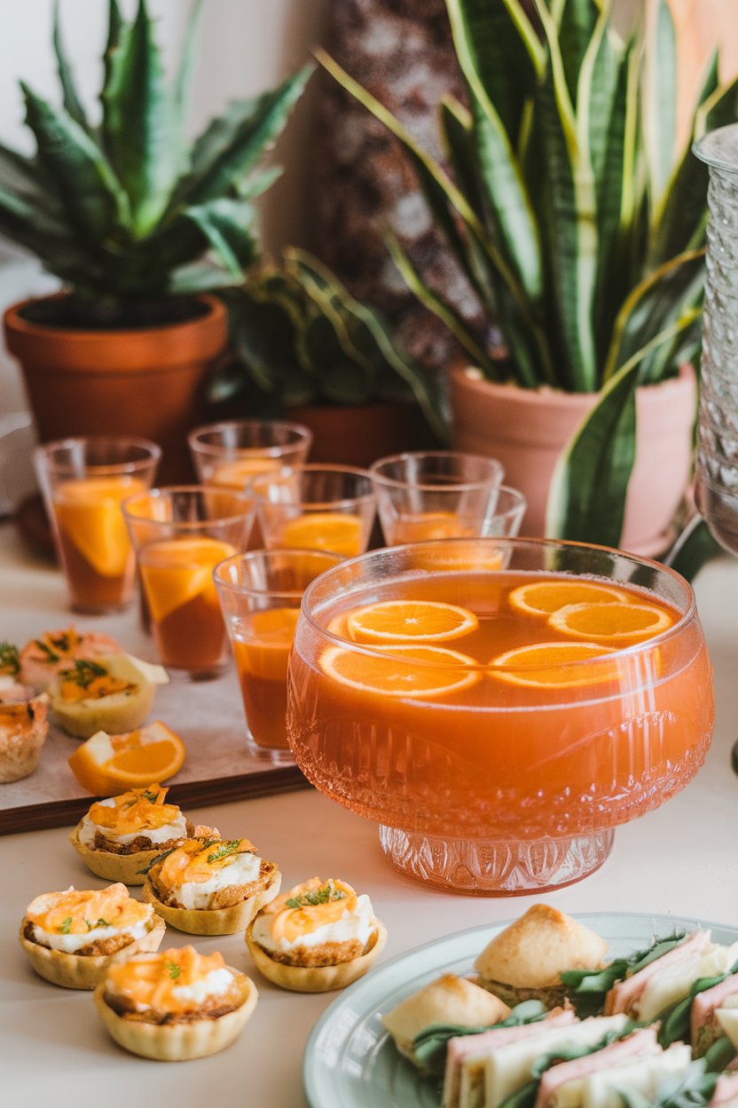 An indoor party spread with a clear punch bowl of sunset-colored rum punch and matching glass cups, orange slices floating, no text or logos. Photo only.
