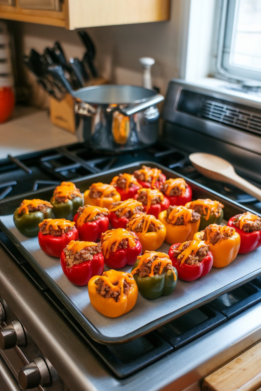 A baking sheet on an indoor stovetop with colorful mini bell peppers stuffed with seasoned ground beef and melted cheddar; no branding in view.