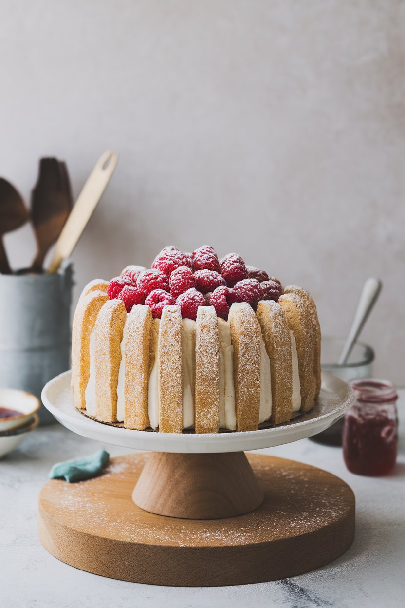 An indoor cake pedestal with a charlotte lined by ladyfingers, topped with fresh raspberries and a dusting of powdered sugar. Photo, no text or logos.