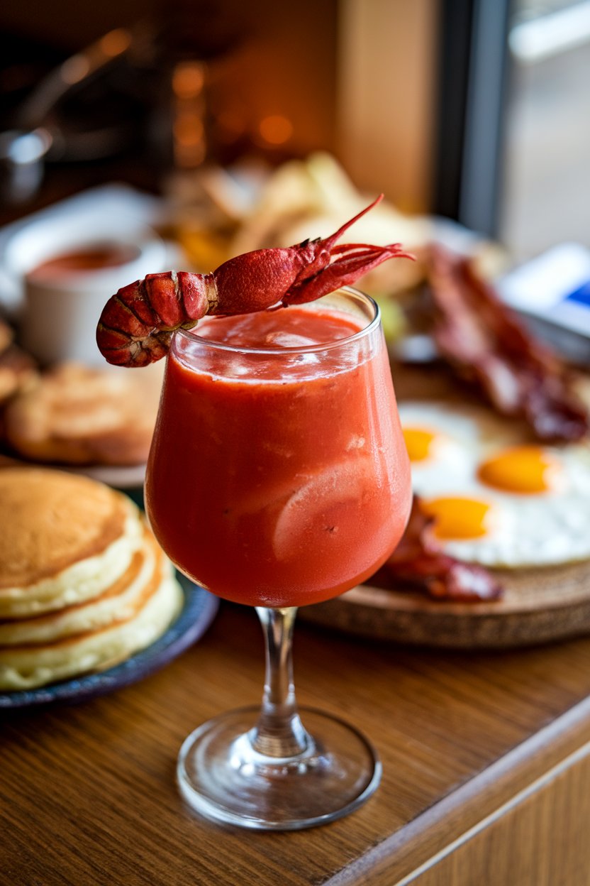 Indoor brunch bar featuring stemmed goblet of tomato cocktail with crawfish tail garnish, no text or logos, photo