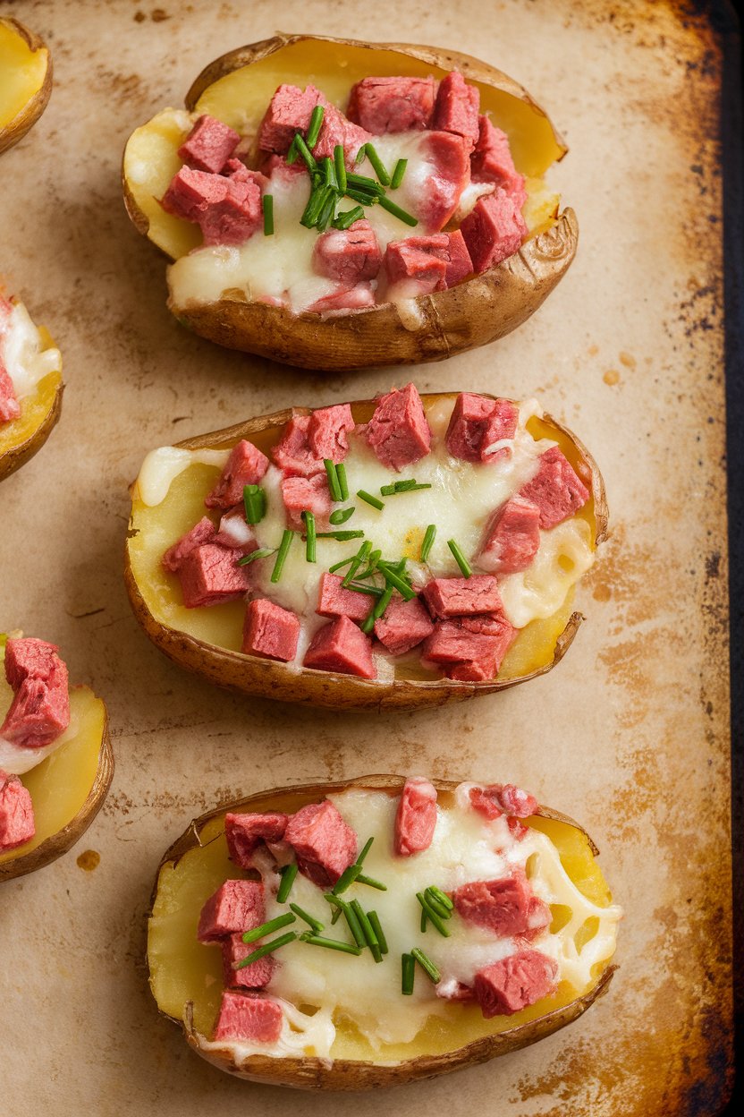 An indoor baking sheet holding potato skins stuffed with diced corned beef, melted cheese, and chopped chives. No text or logos.