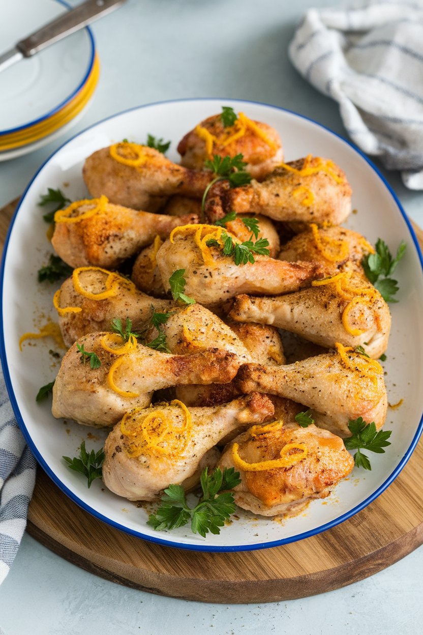 An indoor platter of baked chicken drumettes dusted with lemon zest and cracked pepper, garnished with parsley. No text or logos. Photo, not illustration.