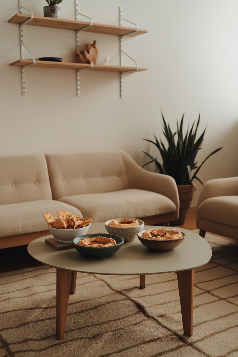 An indoor low coffee table featuring three bowls of hummus—classic, roasted red pepper, and garlic—surrounded by toasted pita chips. No text or logos.