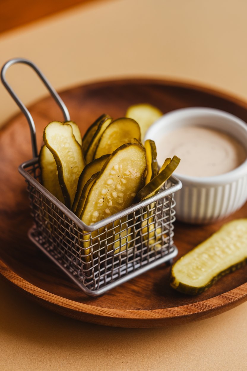 Indoor photo of crispy dill pickle chips in a small metal basket with a cup of ranch dressing. No text or logos.