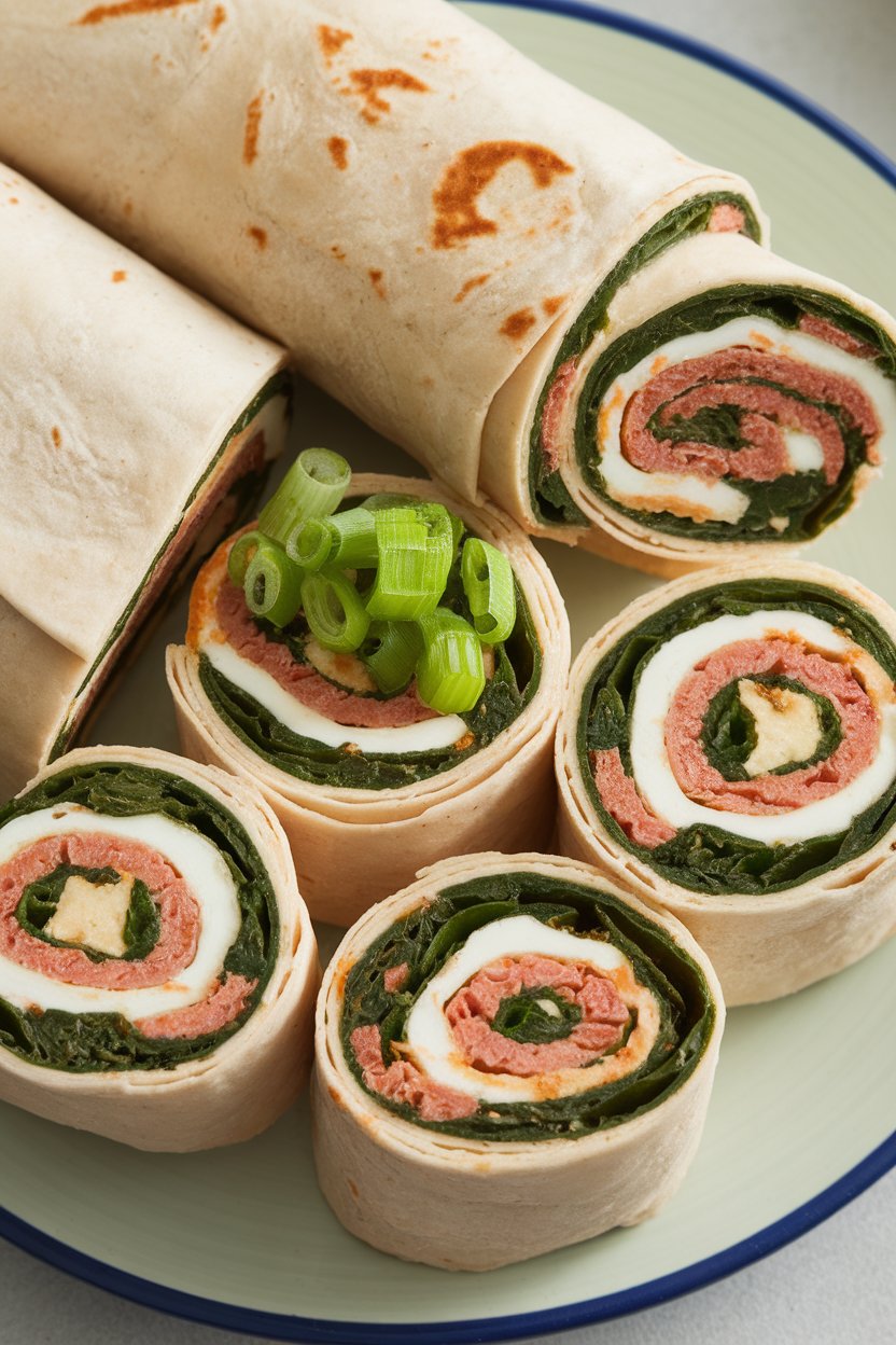 Indoor photo of pinwheel slices made from Cajun-spiced turkey, cream cheese, and spinach rolled in a flour tortilla; no text or logos