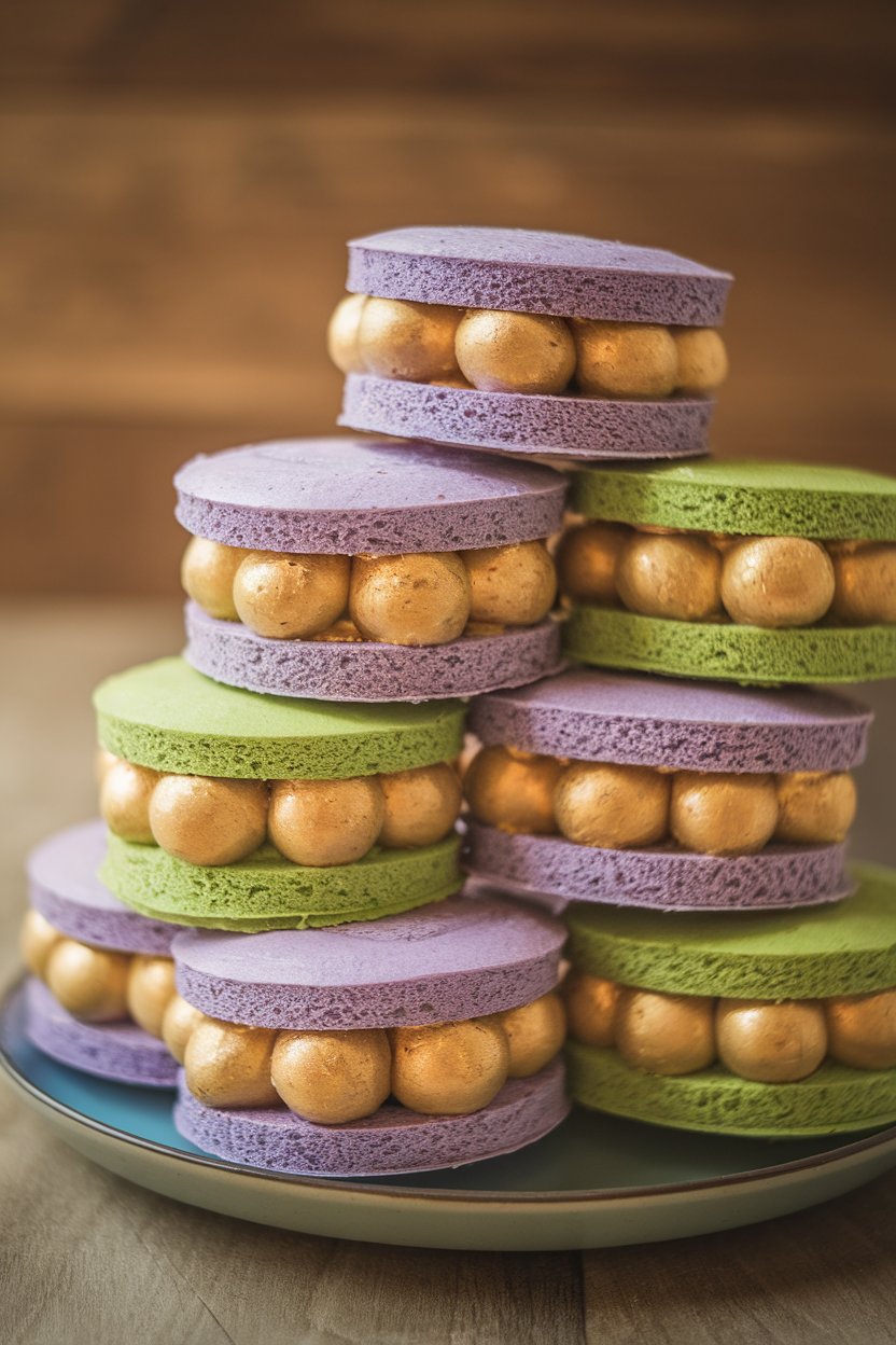 Indoor photo of sandwich cakes with purple and green shells and gold cream filling, stacked casually. No text or logos.