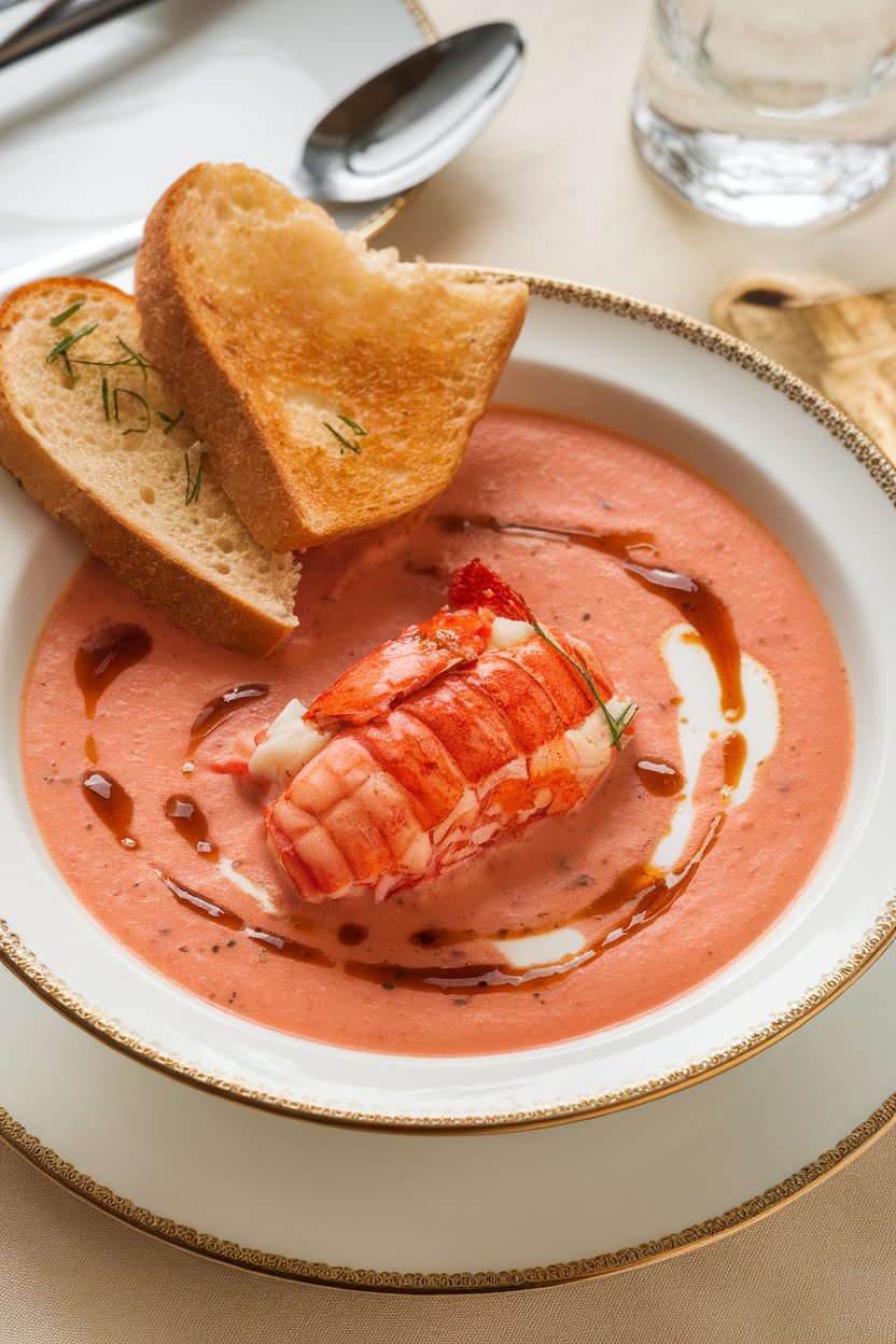 Indoor photo of a luxurious orange-pink bisque with chunks of cooked lobster tail and a drizzle of brandy cream; no text or logos visible.