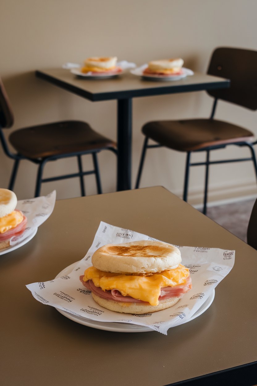 An indoor breakfast nook scene with individually wrapped English muffin sandwiches filled with ham, scrambled egg, and melted cheese, no visible branding.